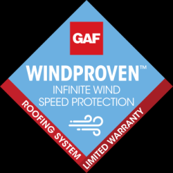 GAF WindProven roofing system badge with infinite wind speed protection and limited warranty text